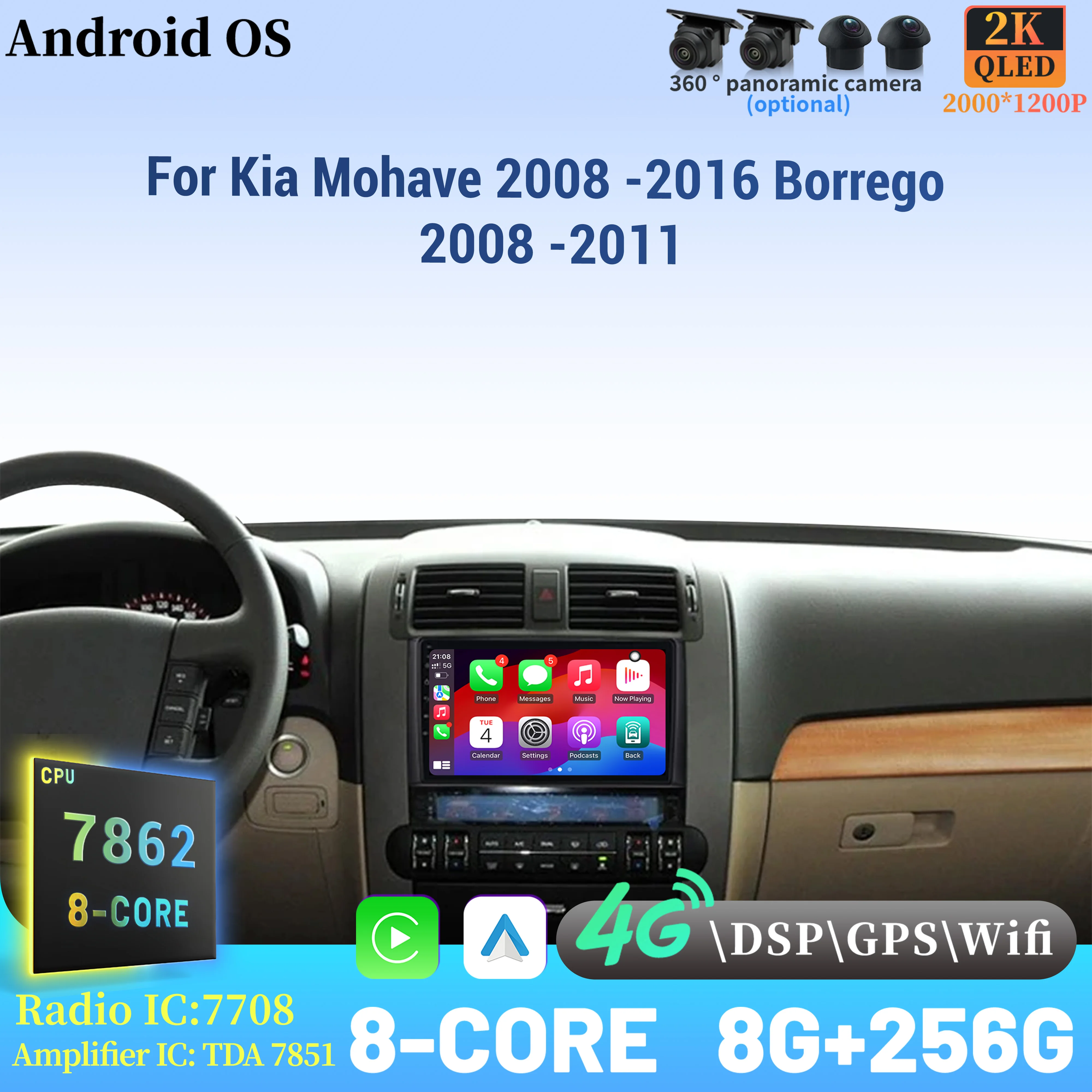 

For Kia Mohave 2008 -2016 Borrego 2008 -2011 Wireless BT CarPlay Android 14 Radio Car Multimedia Player Touch Screen
