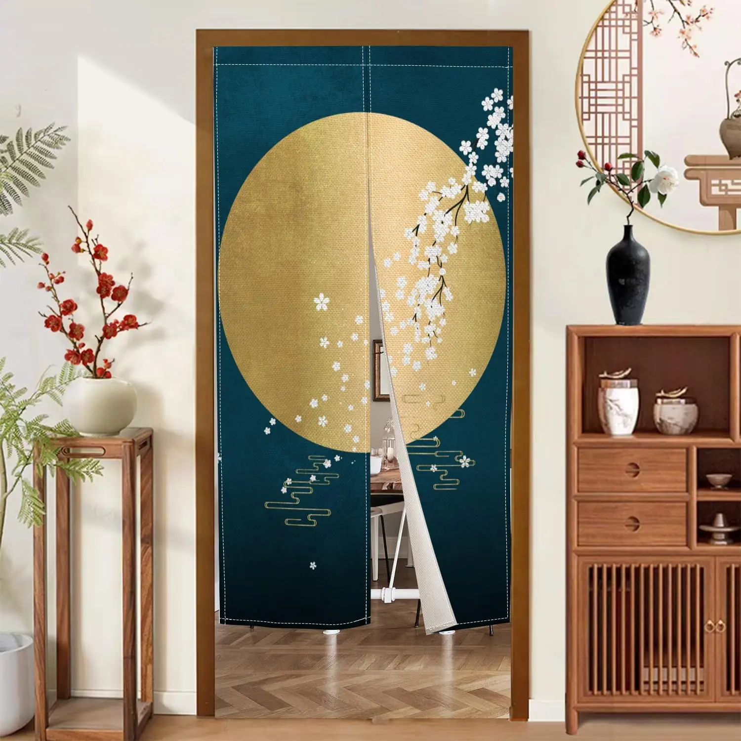 Long Japanese Noren Doorway Curtain Ukiyoe Round Moon Printed Single Side Window Treatment Door Tapestry for Home Kitchen Room