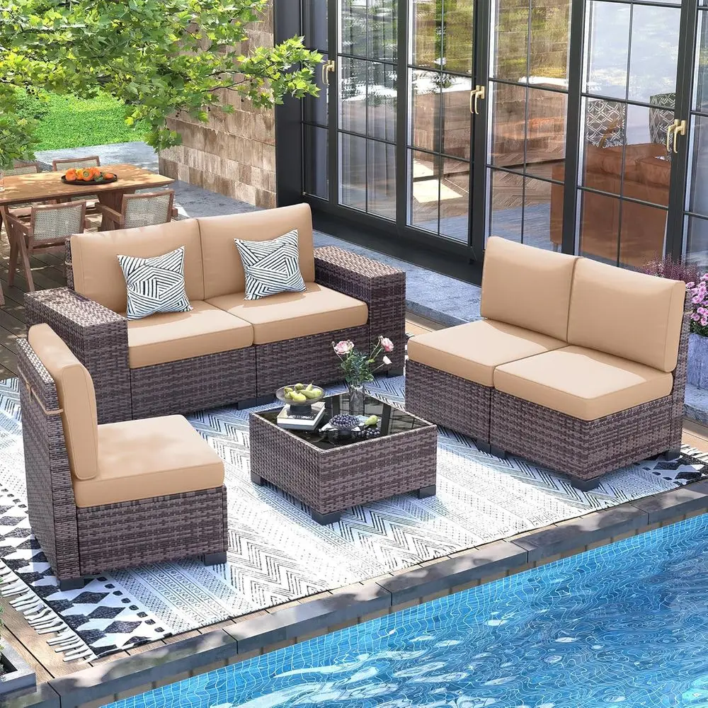 

8-местный комплект уличной секционной мебели цвета хаки с плетеным кофейным столиком для патио или сада