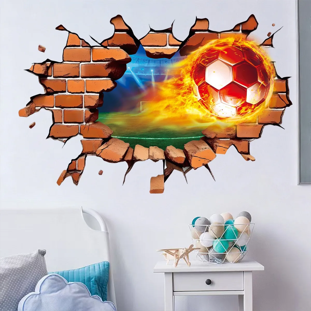 3d-サッカーボールステッカー炎軌跡壁デカール静電気粘着サッカー装飾自己粘着ホームルームアートポスター