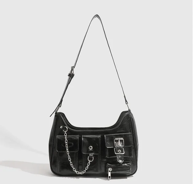 Cool Motorcycle Bag with Multiple Pockets in Black Versatile Commuter Single Shoulder Crossbody Bag for Women Stylish Chain Desi