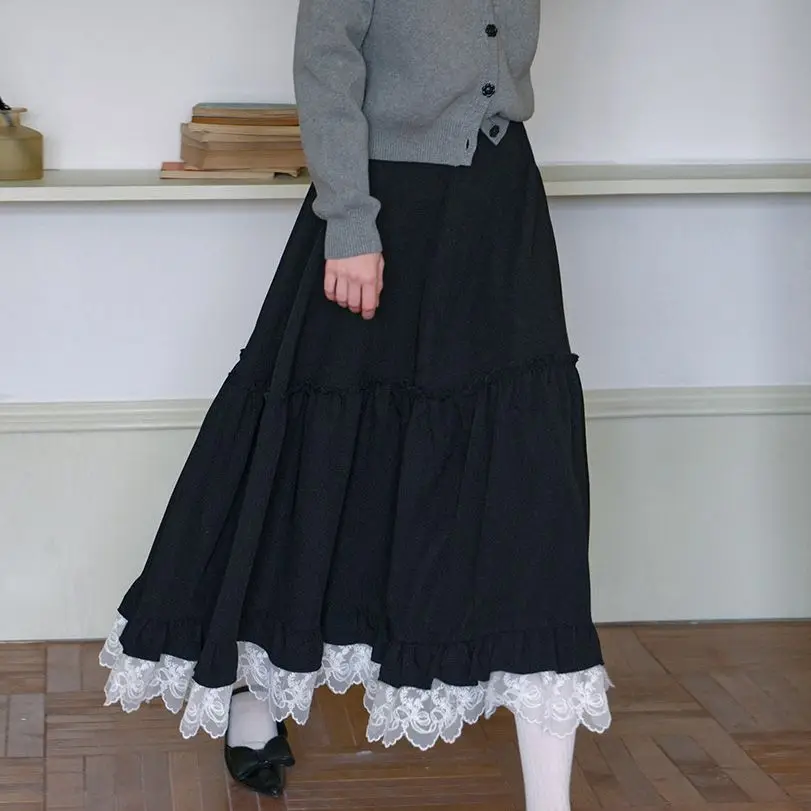 

Gagarich Japanese Retro Lace Half Skirt 2025 Autumn Winter High Waist Slim Medium Long Splicing Large Swing Umbrella Skirts