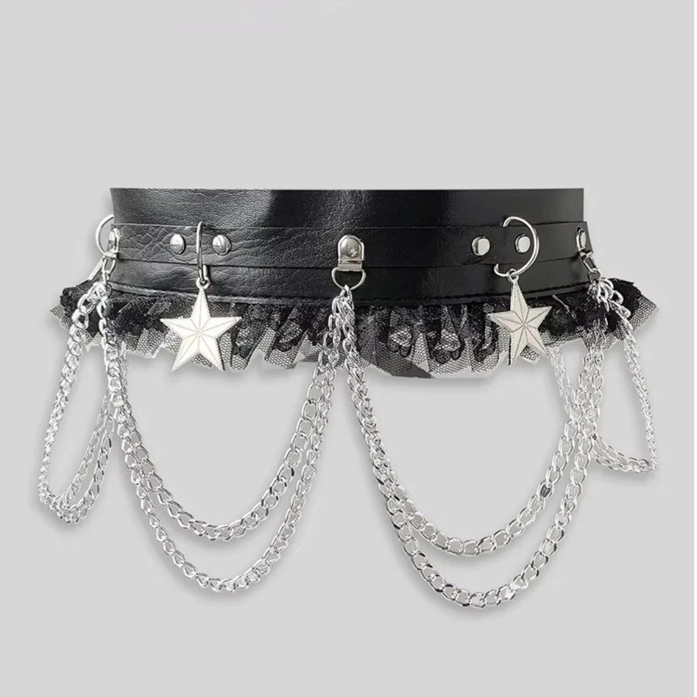 جديد طبقة مزدوجة حزام على شكل سلسلة الدانتيل يصل واحدة الصدر حزام الدانتيل ستار مزين عروة الخصر سلسلة أسلوب فاسق #3