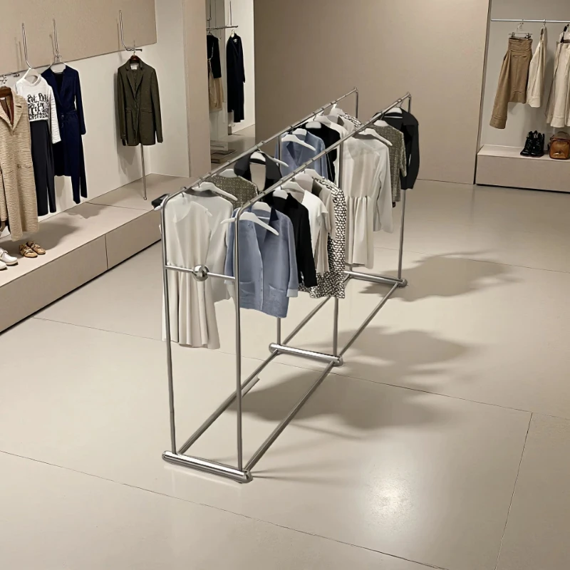 Clothing store display rack Floor-to-ceiling island rack Stainless steel double-row hanger Simple women's clothing store