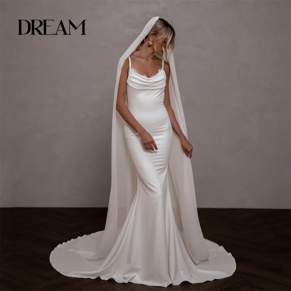 

Modern Mermaid Lace Wedding Dress 2025 Pleat Boat Neck Spaghetti Straps Pleat Open Back Bridal Gown Vestidos De Novia Customized