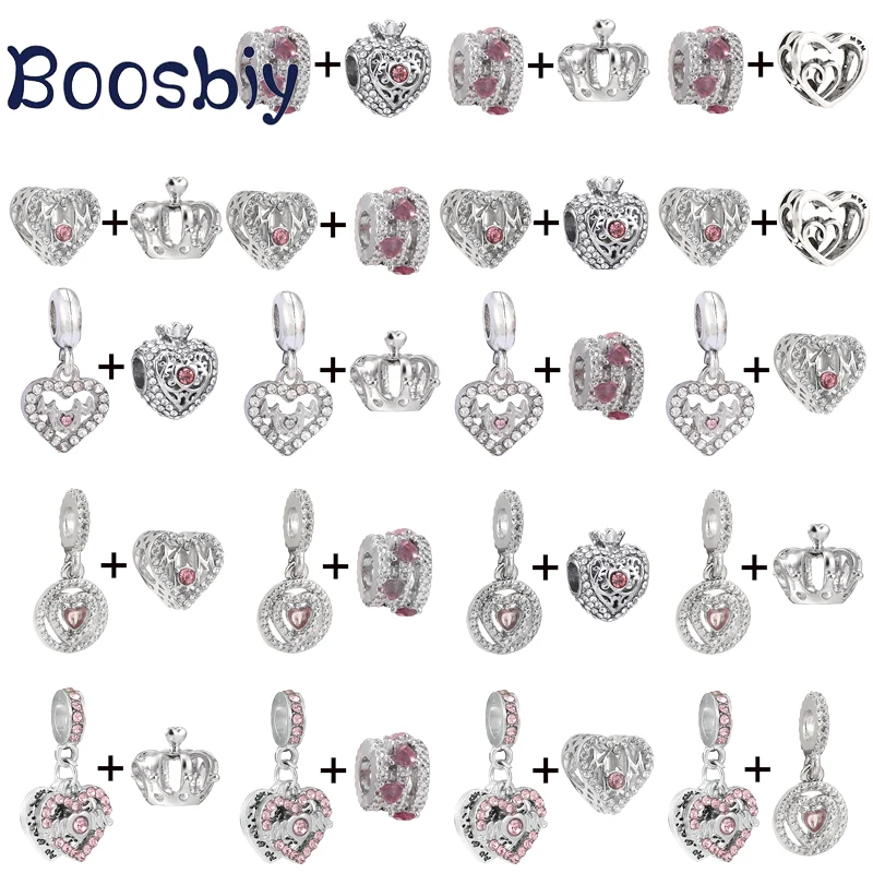 2Pcs/Lot Shining Sincerity & Love Family Beads with Heart Pendants Fit DIY Brand Charm Bracelet For Women Jewelry Making Gift