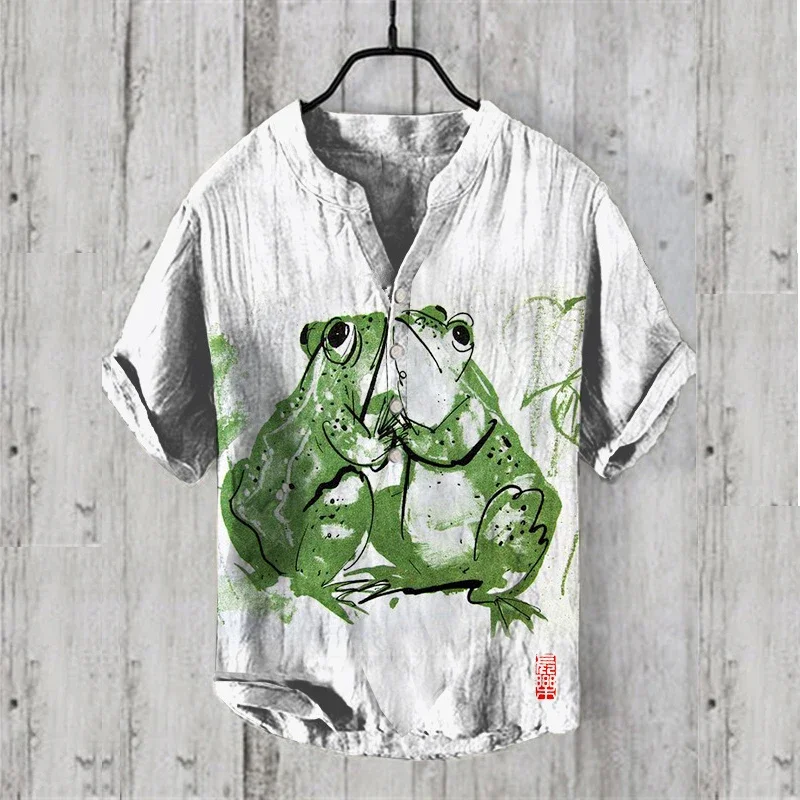 Men's shirt Hawaiian art print frog series 3D digital printing casual loose short-sleeved three-breasted shirt