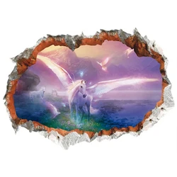 3D Pegasus Unicorn Poster Vinyl Broken Wall Art Pony Mural Stickers Home Decorations Animal Landscape Wallpaper for Living Room