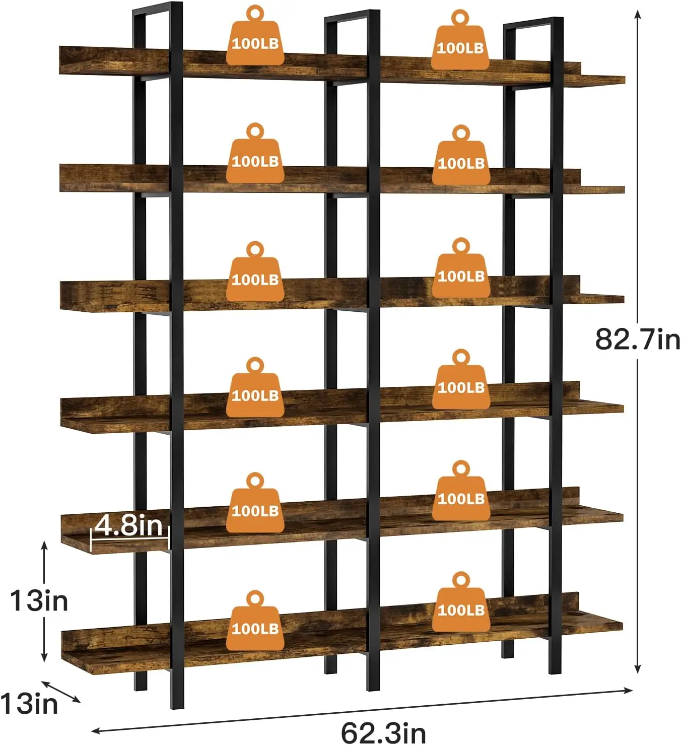 Double Wide 6 Tier Large Vintage Book Shelf with Metal Frame Open Bookshelves