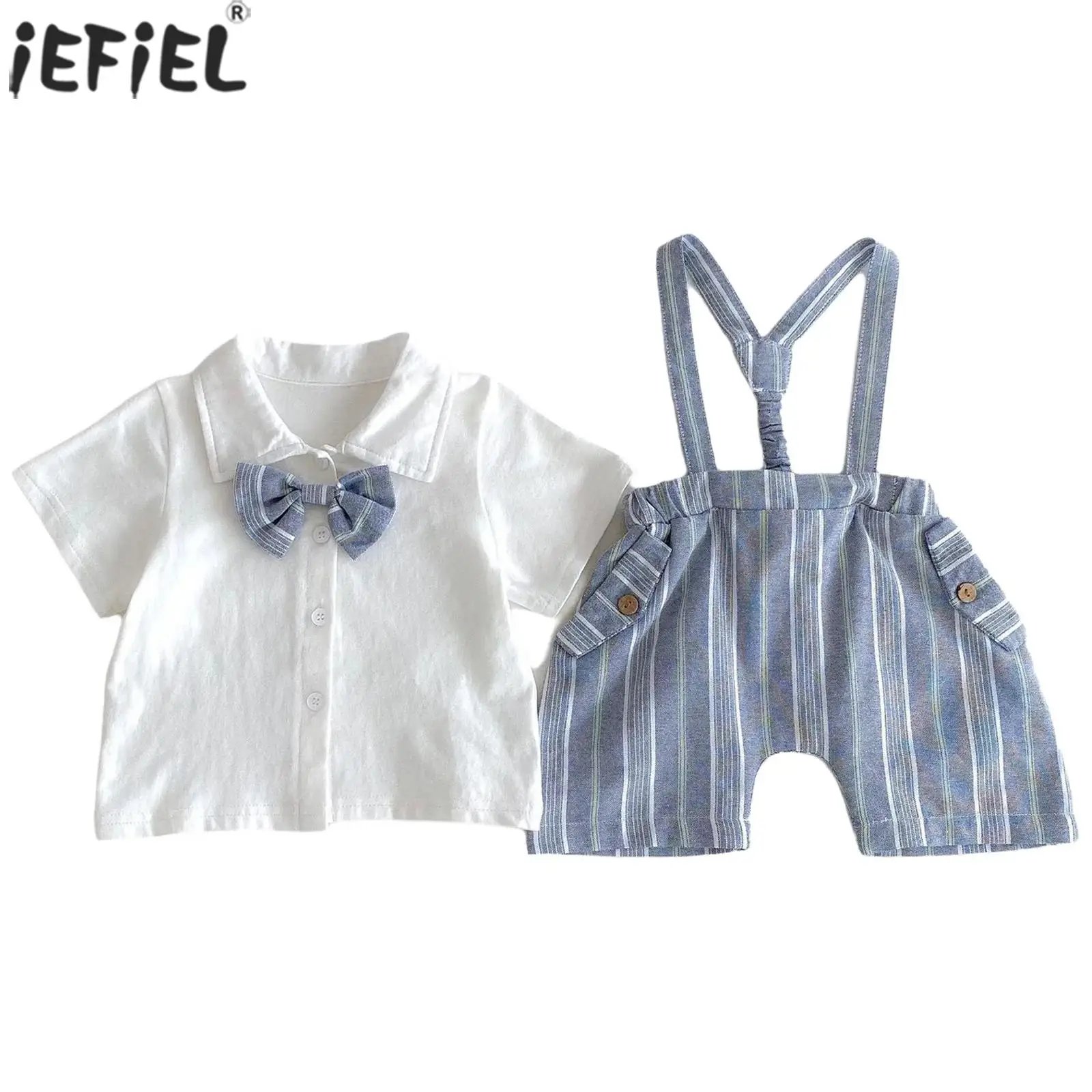 

Baby Boys Gentleman Suit Summer Set Short Sleeve Lapel Bow Tie Shirts Tops with Striped Suspenders Shorts Wedding Party Outfits