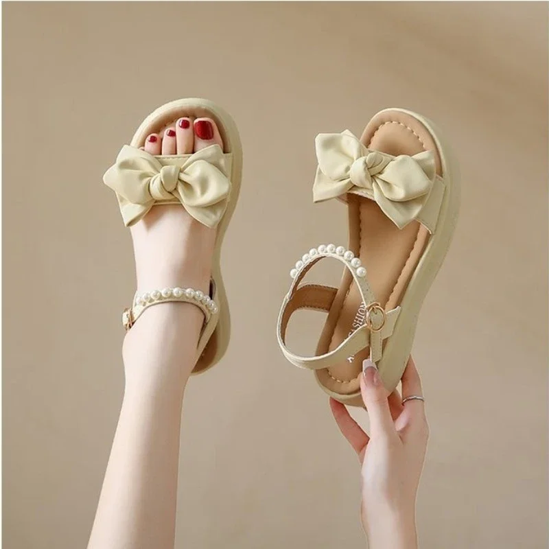 Summer Sandals for Elegant Pearl Bowknot Fashion New Versatile  Causal Party Wedding Flats Beach Shoes