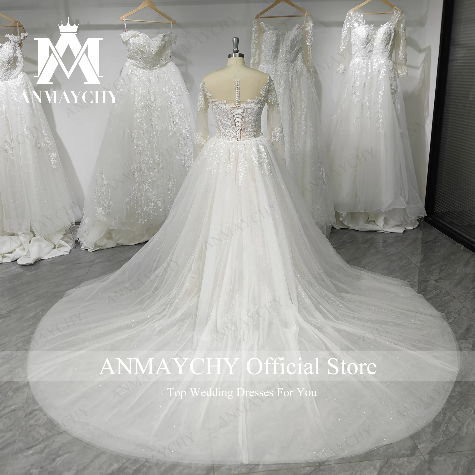 ANMAYCHY A-Line Wedding Dresses For Women 2023  Long Sleeve Beading 3D Flowers Detachable Train Wedding Gown Vestidos De Novia