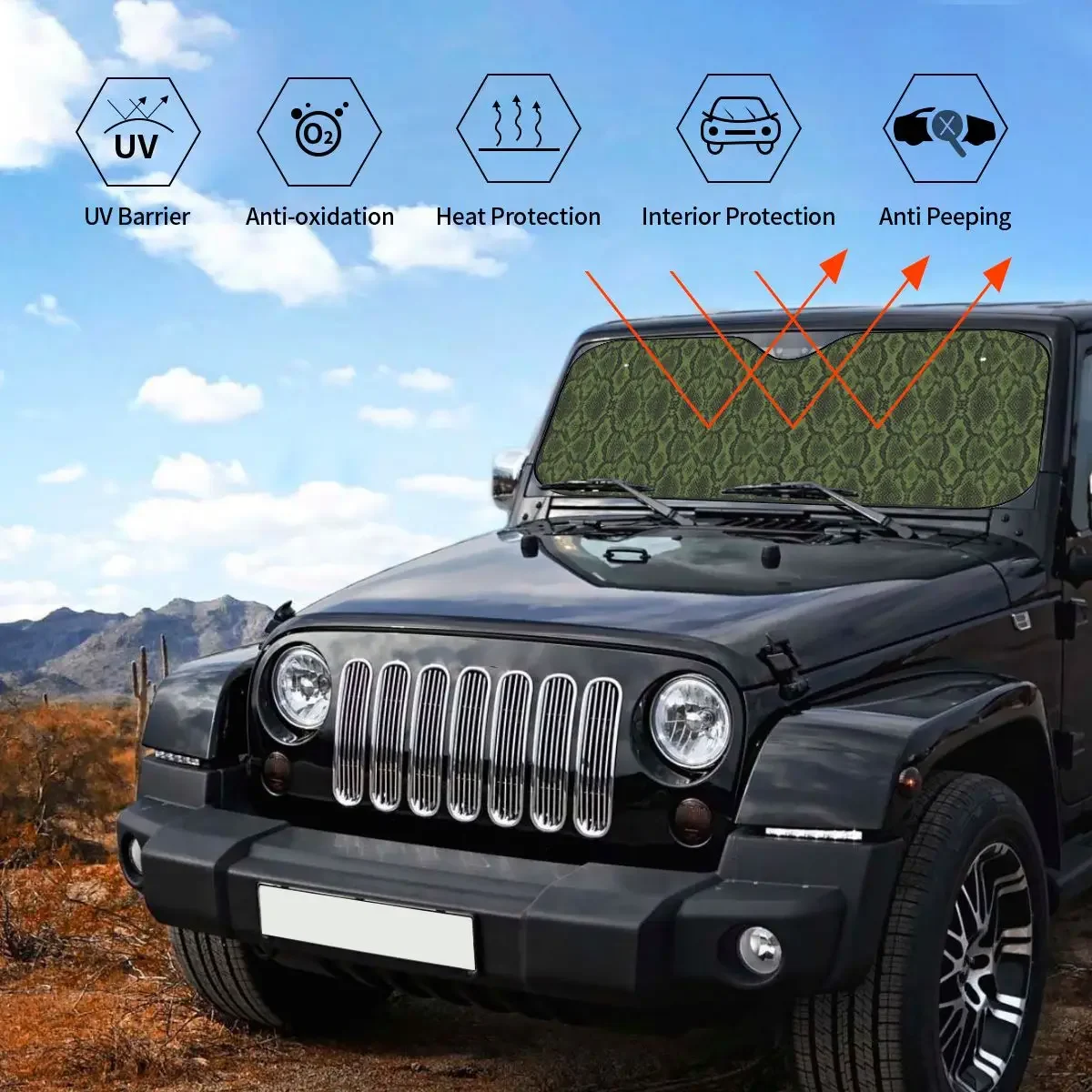 Snake Skin Pattern Retor Novelty Sunshade Windscreen 76x140cm Aluminium Foil Sun Visor Accessories Covers image 3