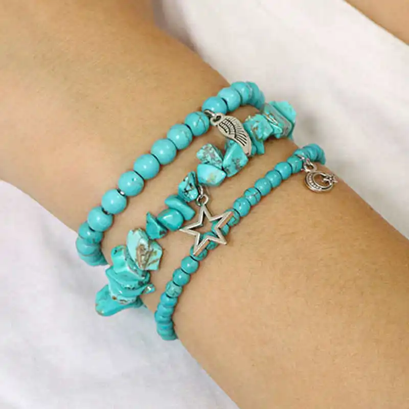 New Fashion 3Pcs/set Turquois Stone Beaded Bracelets For Women Men Star Moon Angel Wings Pendant Charm Bracelet Bangle With Tag