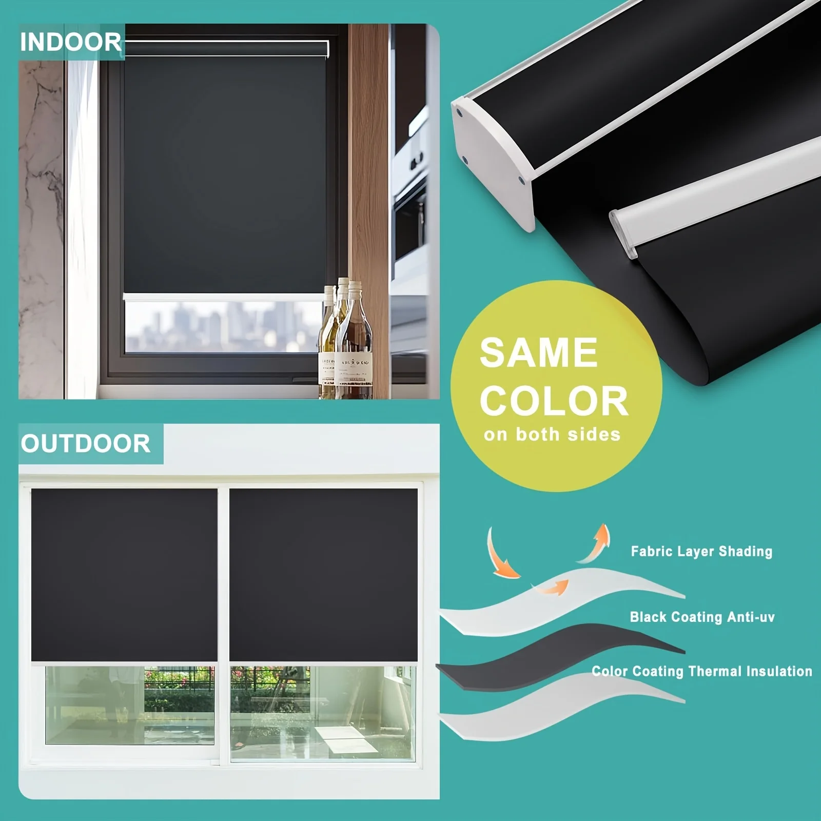 

Blackout Cordless Roller Shades for Windows, Free-Stop Blinds with Valance, Thermal Insulated Fabric, UV Protection, Natural Woven Blinds for Home And Office
