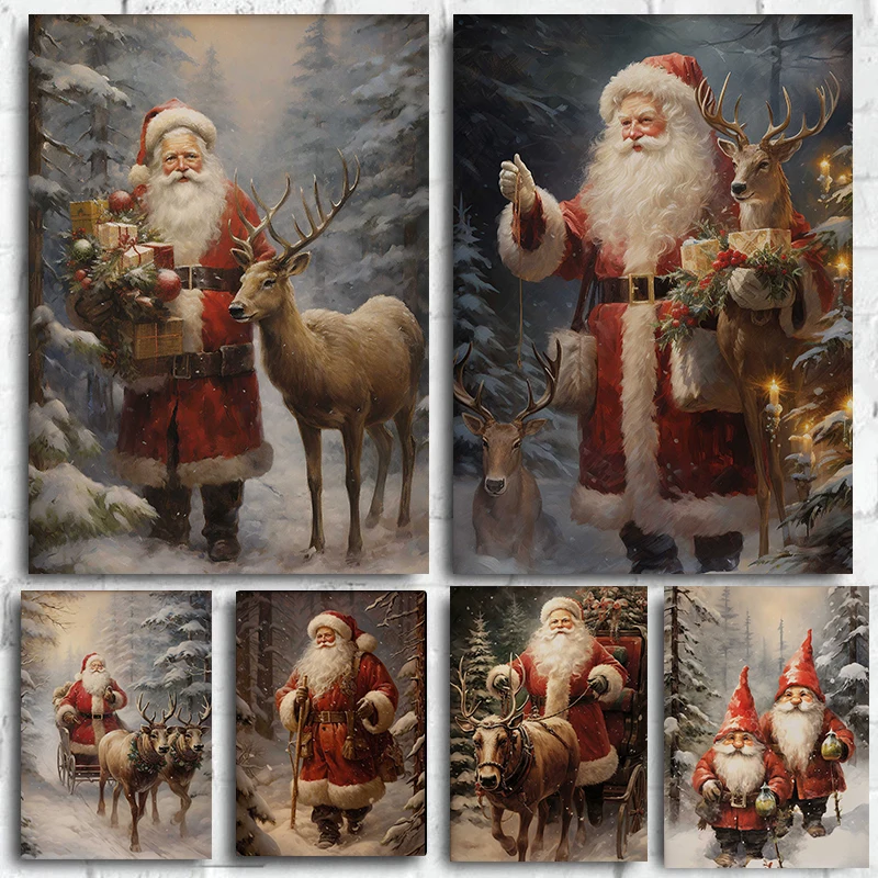 Vintage Weihnachten Winter Weihnachtsmann kommt mit Geschenken verschneiten Wald Wandkunst Poster Drucke Leinwand Malerei Zimmer Home Deco