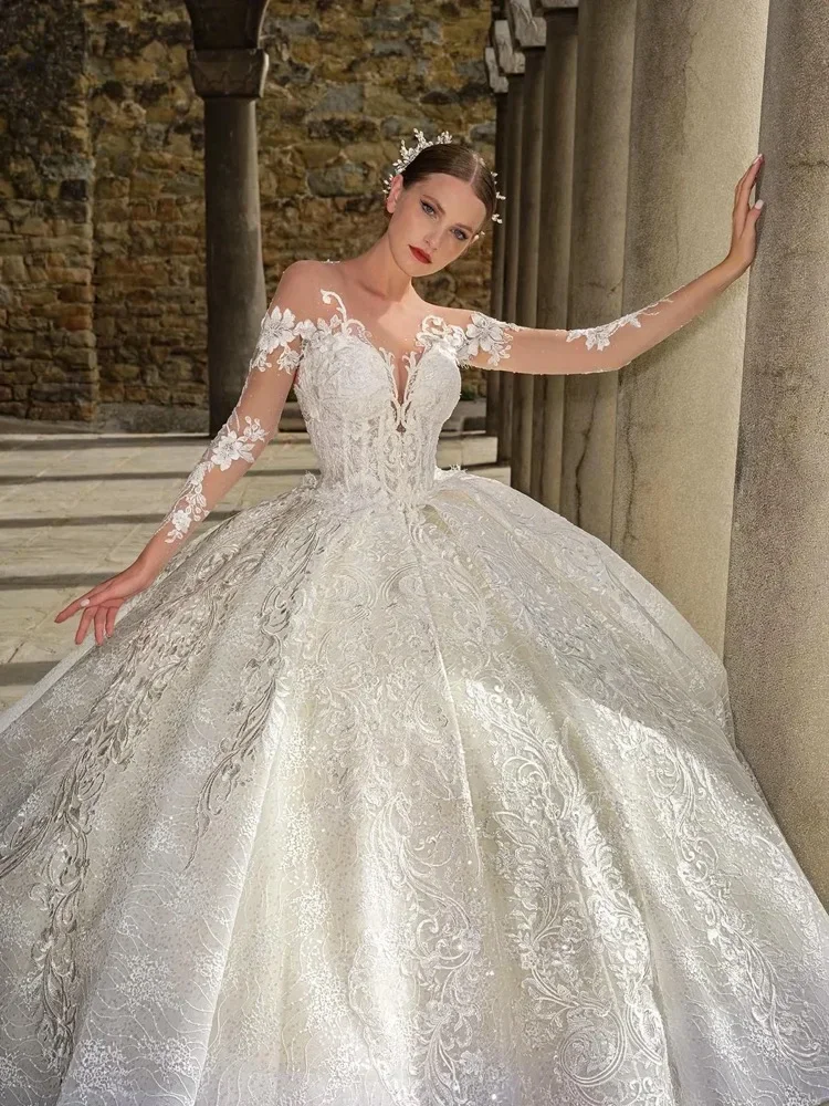 Customized Vintage Puffy Ball Gown Wedding Dress With Lace Appliques O-Neck Full Sleeves Bridal Gowns Vestido De Novia