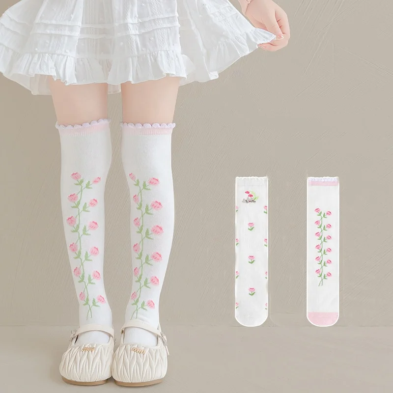 

Детские гольфы выше колена с цветочным принтом для девочек на весну и осень от 3 до 8 лет, детские хлопковые мягкие длинные носки