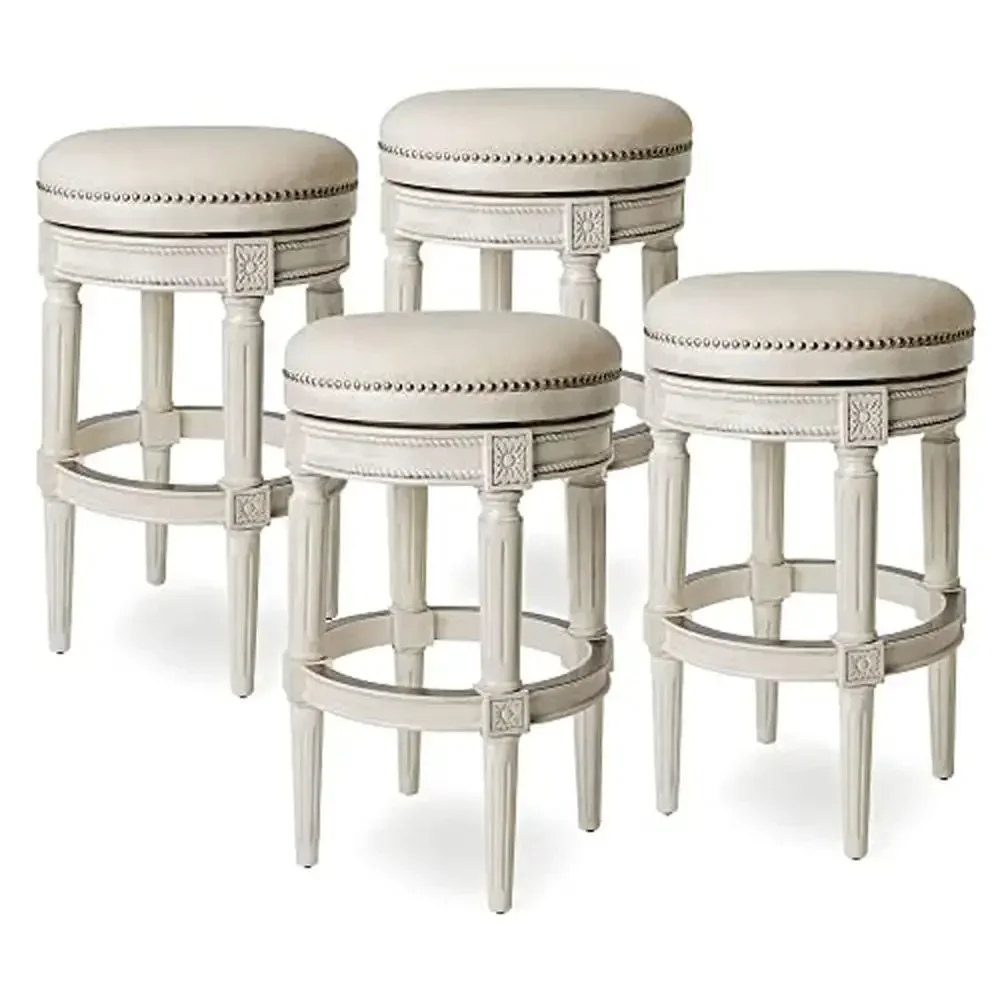 

Set of 4 Tall Backless White Oak Finish Upholstered Barstool with Natural Color Fabric Cushion Seat Swivel Design Graceful