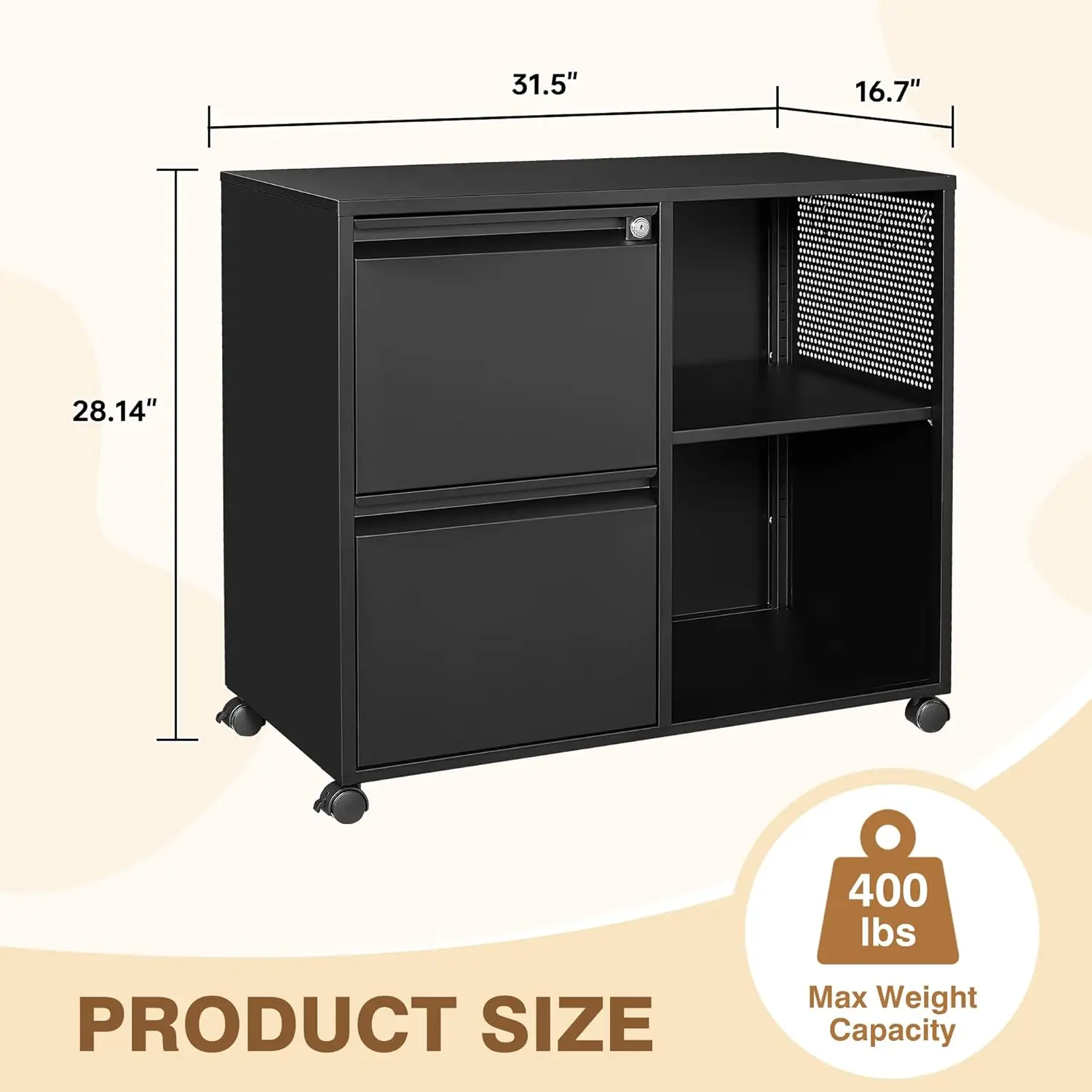 Lateral 2 Drawer Filing Cabinet with Lock, Mobile File Cabinet on Wheels, Printer Stand with Storage for Letter/A4 File Folders