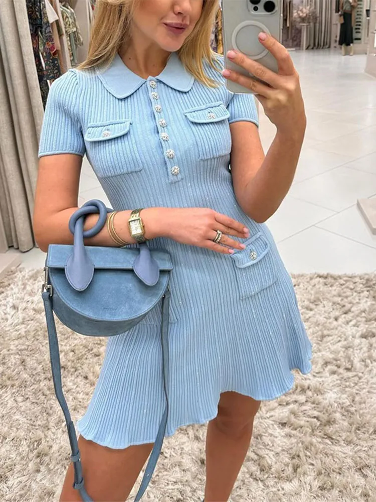 

Women Elegant Solid Knitted Mini A-line Dress Fashion Lapel Short Sleeve Slim Dresses Summer Office Lady Commuting Robes 2024