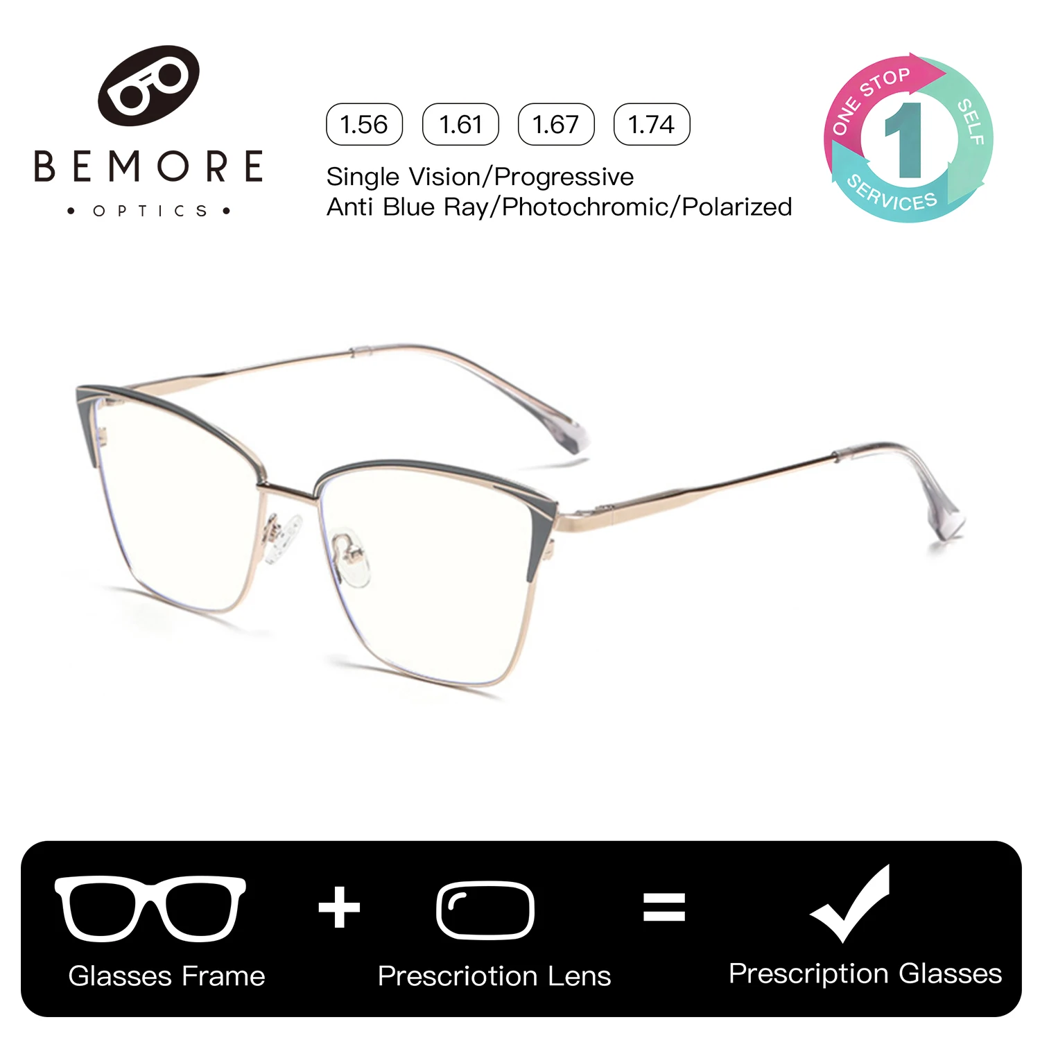 

BEMORE Cat Eye Alloy Clip on Prescription Eyeglasses Women Polarized UV400 Magnetic Custom Progressive Optical Outdoor Eyewear