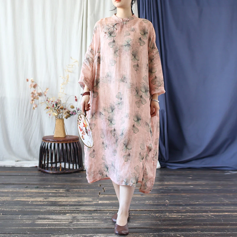 Vestido de lino informal para mujer, recién llegado, primavera 20220, estilo chino, Vintage, cuello mandarín, suelto, corte en A, vestidos largos T451