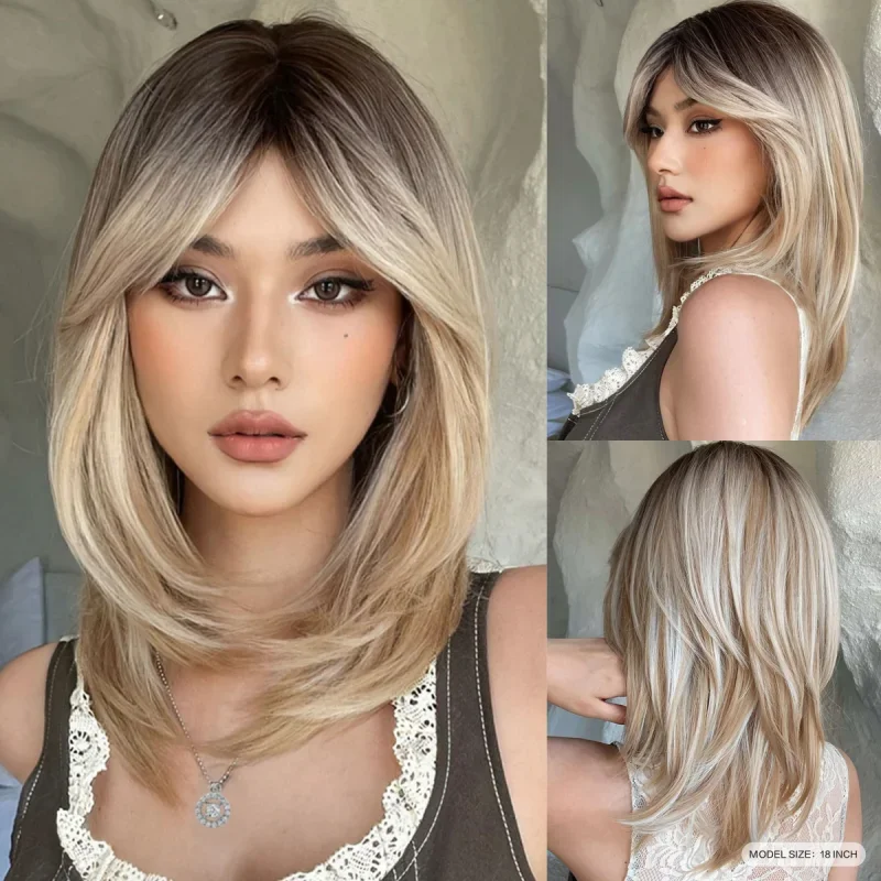 Charming Long Blonde Wigs for Women Synthetic Hair Wig with Fringe Ombre Color with Dark Roots Layered Wigs Heat Resistant Wigs