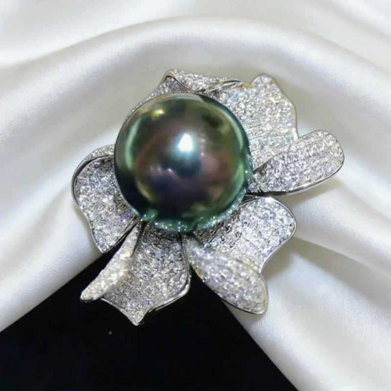 

Gorgeous AAAA Large 11-12mm Round Natural South Sea Black Green Pearl Ring 925S