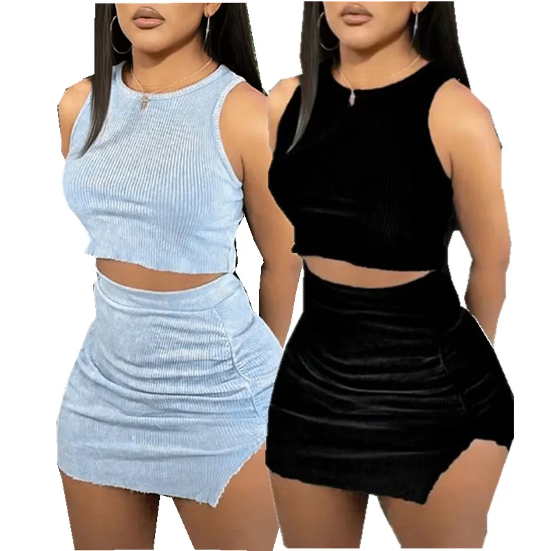 

Summer New 2pc Cotton Skirt Sleeveless Crop Top Two Pieces Outfit Slit Women Casual Gray 2 Piece Skirt Sets Clothing for Women