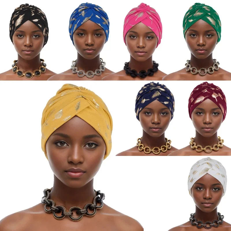 African Wrap Head Bonnet Muslim Under Scarf Hat Turbante Mujer Feather Gold Stamping Fabric Turban Cap for Women