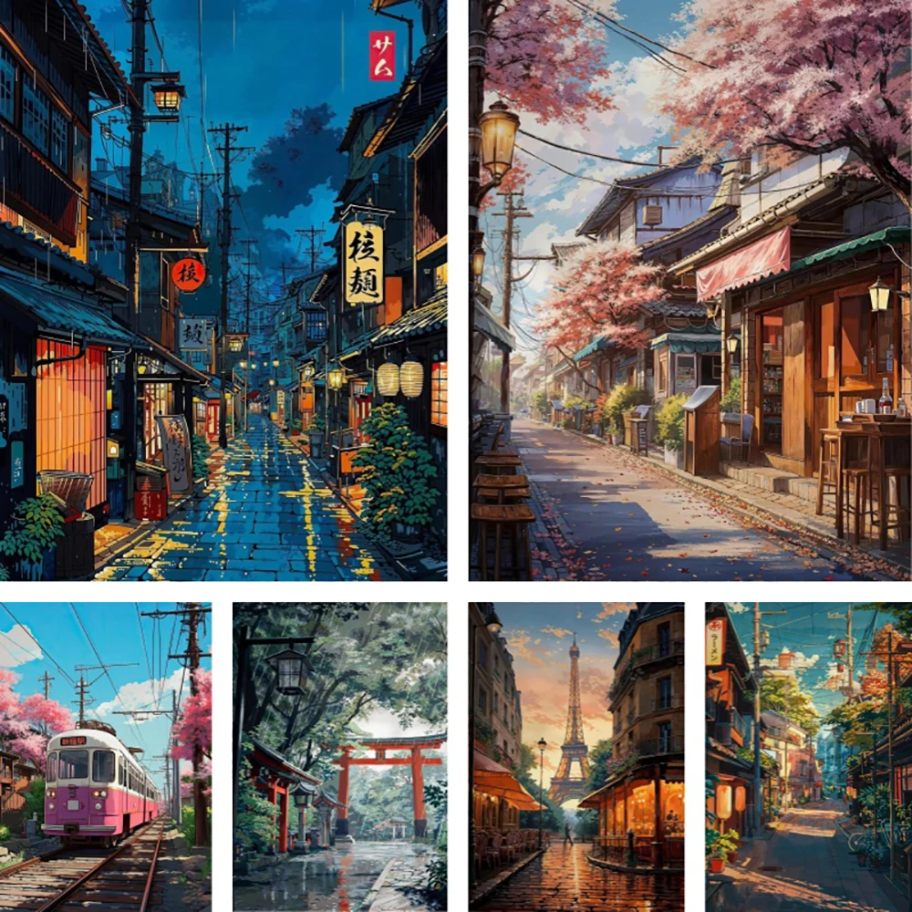Anime Ramen Shop Gourmet Illustration Canvas Print City Street Scene Wall Poster for Modern Living Room Kitchen Home Decor Gifts