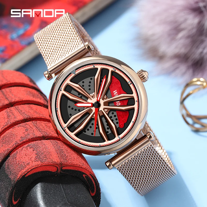 

SANDA New Women Casual Watch 360° Rotating Dial Fashion Rose Gold Mesh Strap Women Quartz Watch 30M Waterproof Reloj Mujer P1074