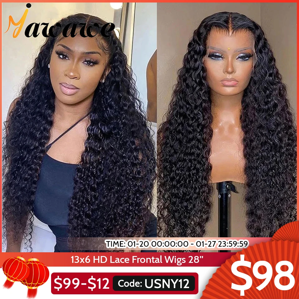 YAWAWE Hair Water Wave 13x6 HD Lace Frontal Wigs Brazilian Wigs 100% Human Hair For Women Deep Curly Wigs preplucked Precut