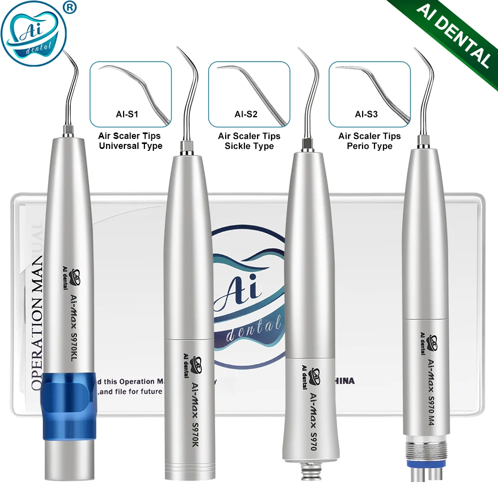 

AI-S970KL Air Scaler Handpiece KV-Couplings with 3 Level Power Ring/5,800~6,200 Hz/Optics LED/Includes(S1, S2 & S3)3Tips/ Wrench