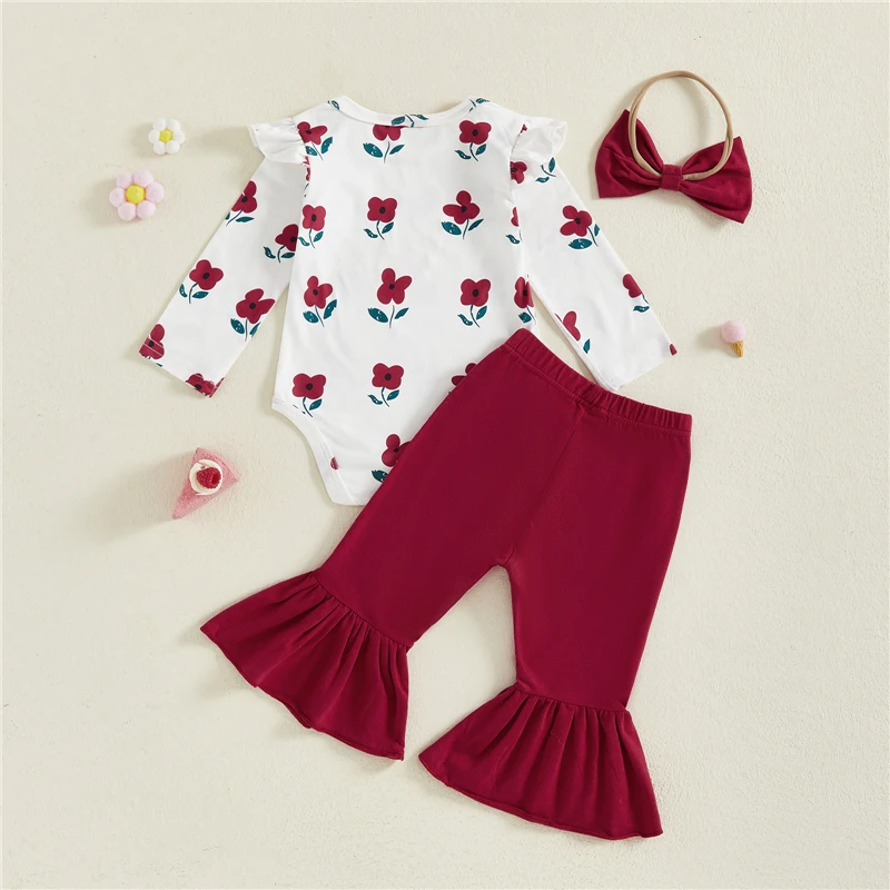 Newborn Baby Girl Fall Outfits Floral Print Long Sleeve Romper with Solid Color Flare Pants and Bow Headband 3 Pcs Set