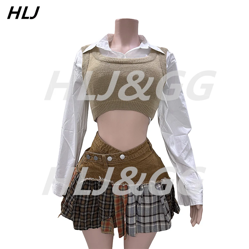 HLJ Fashion Y2K Plaid Patchwork Irregular Mini Skirts Two Piece Sets For Women Knit Vest + Long Sleeve Shirt + Skirts Outfits