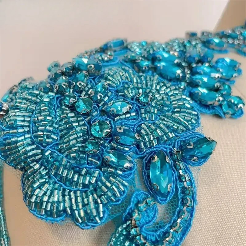 1Pair.35X12cm.Sparkling Evening Dress Decoration DIY Patches Shoulder.Hand Sewing Tassel Glass Diamond Appliques for Clothing