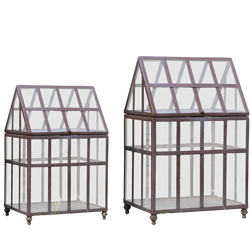 Island pull iron art flower house flower rack, pastoral European style metal glass greenhouse, transparent decorative rack