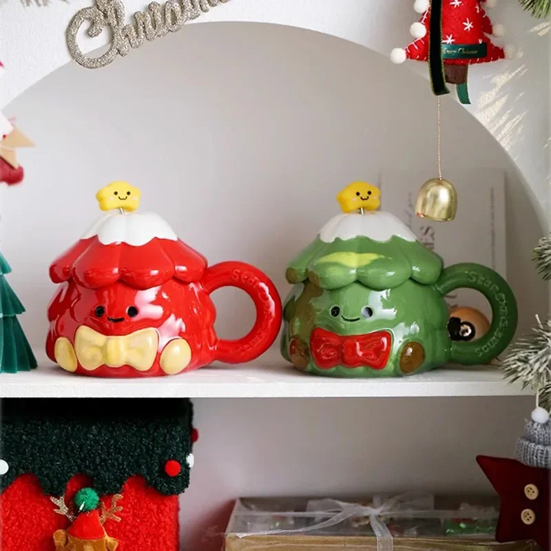 420ml Christmas Tree Ceramic Water Cup Creative Milk Mug with Lid Spoon Afternoon Camellia Flower Tea Coffee Cup Christmas Gift