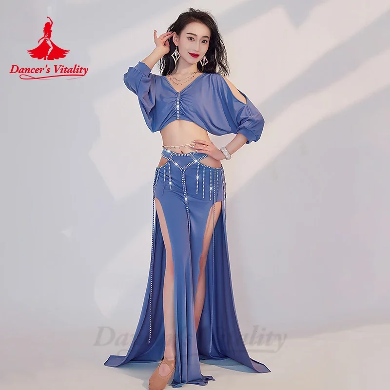 Belly Dance Performance Costume Set Women Half Sleeves Top+AB Stones Long Skirt 2pcs for Girl\'s Oriental Belly Dancing Outfit