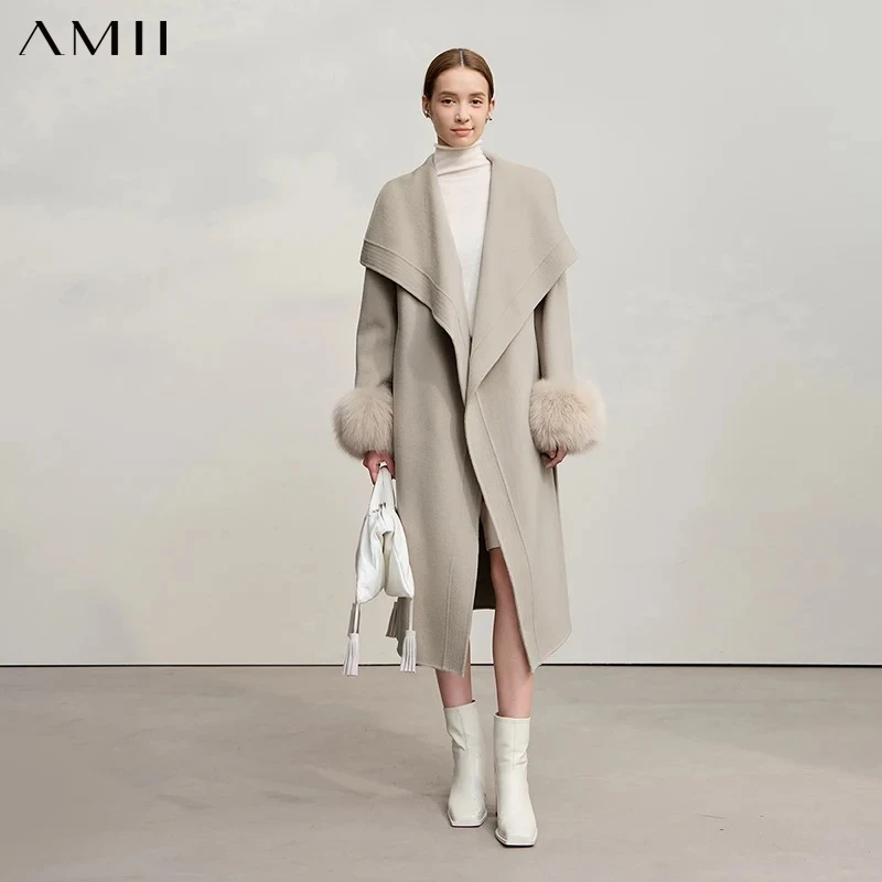AMII Women's Coat 2026 Winter New Loose Long Versatile Women's Clothing With Belt Long Sleeve Wool Warm Elegant Jacket 12524040