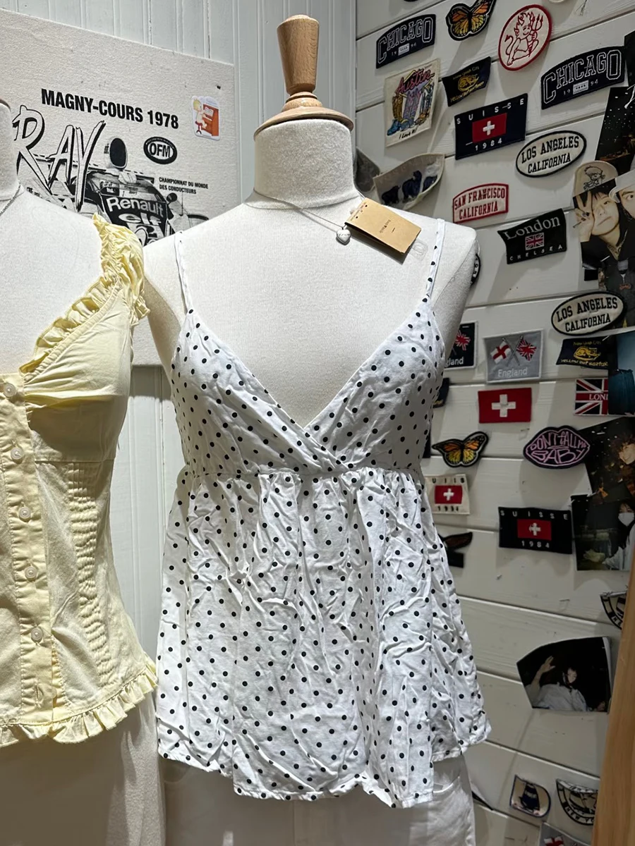 

Черный женский белый жилет в горошек, летняя сексуальная майка без рукавов с глубоким вырезом, женские повседневные милые повседневные майки Y2k, новинка