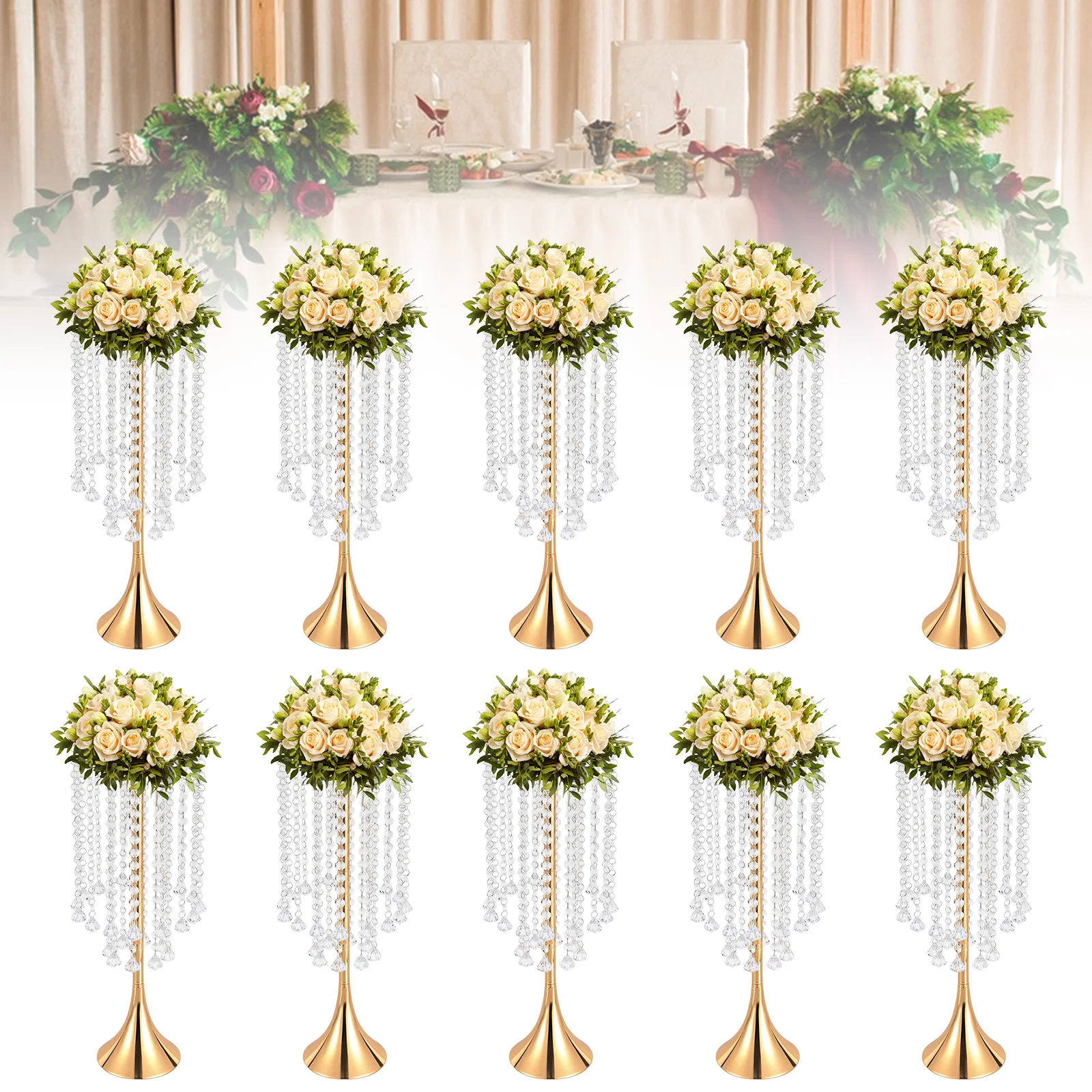 

10 Pieces 55.6cm Gold Vase with Crystal Tassels Banquet Table Top Decorative Flower Base High Load-bearing Display Stand