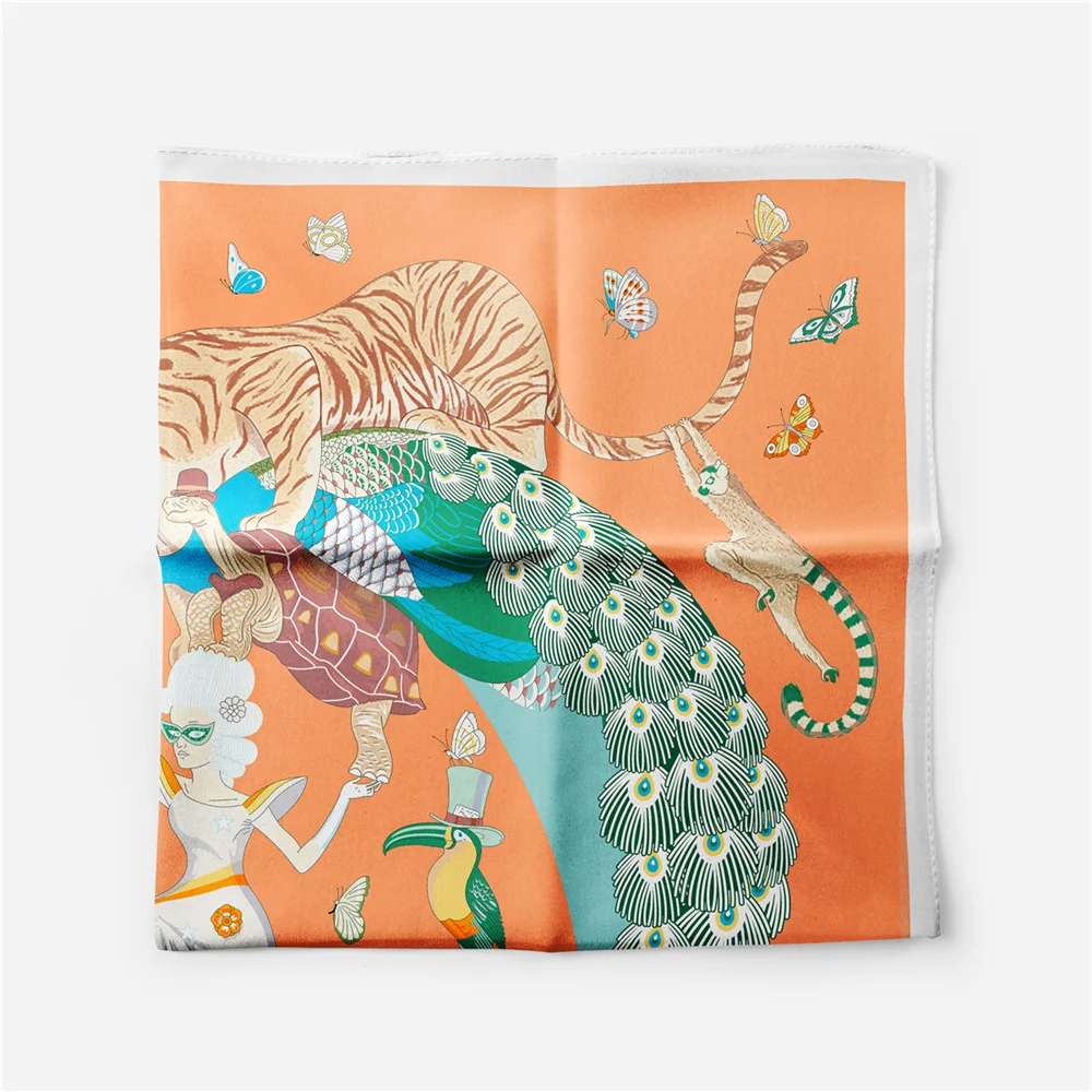 Twill Silk Scarf Woman Animals Painting Square Scarves Wraps Bandana Small Hijab Silk Foulards Tie Headband Neckerchief 53CM