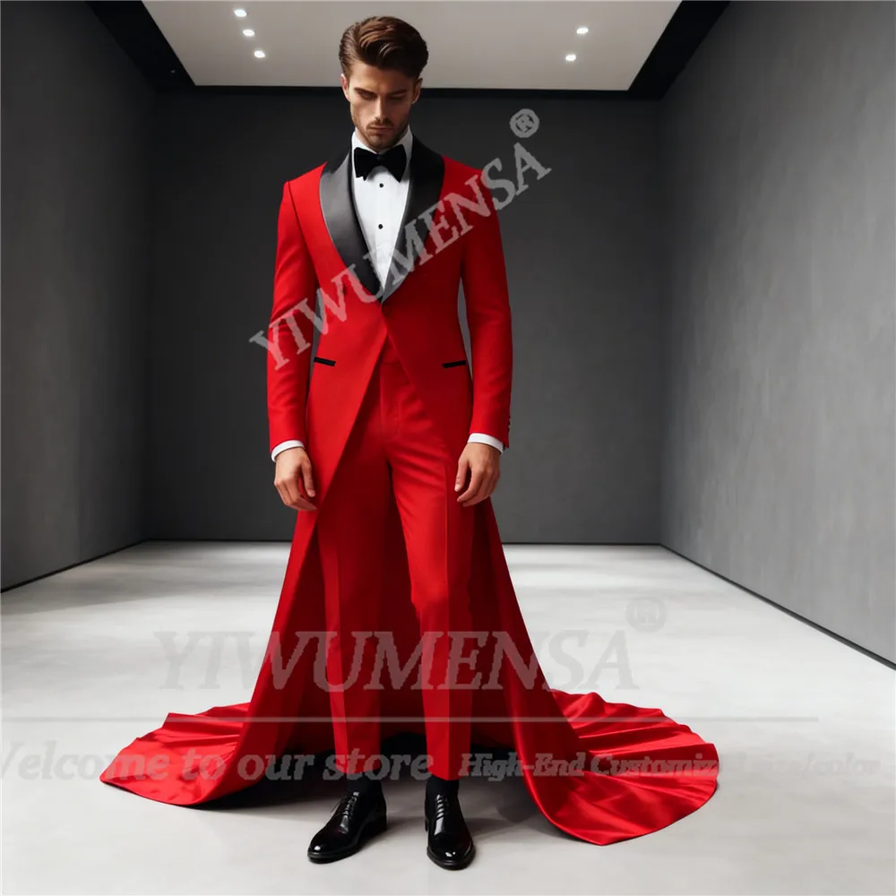 Unique Design Suit Men 2 Piece Sets Black Shawl Lapel Prom Blazers Long Train Customized Groom Wedding Tuxedo Trajes Para Hombre