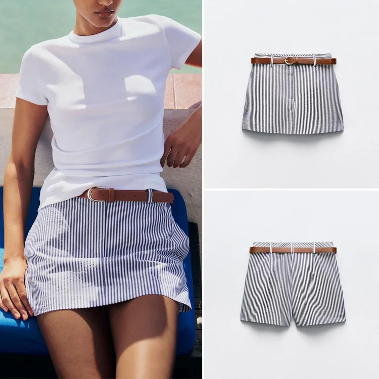 

Summer New Street Sle Women's Casual Stripe ort Skirt with Belt Slimming Hot Girl A-Line Skirt from China