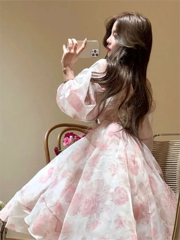 Summer super organza fairy princess puff sleeve long-sleeved dress  temperament meat-covering medium and long fairy dress - AliExpress 200000345