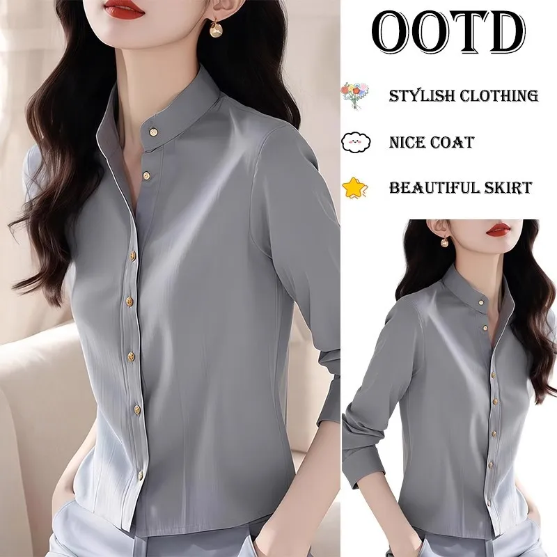 Elegant Female Blouse Gray Long Sleeve Shirt for Women Spring Collection 2025 Beautiful Girl Blouses