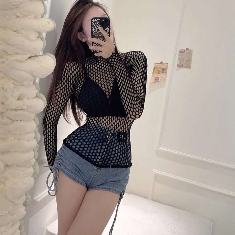 Loose Fit Sexy Design Mesh T Shirt Hollow Out Sheer Material See Through Tee Black Color Soft Fabric Fishnet Top Female Wear